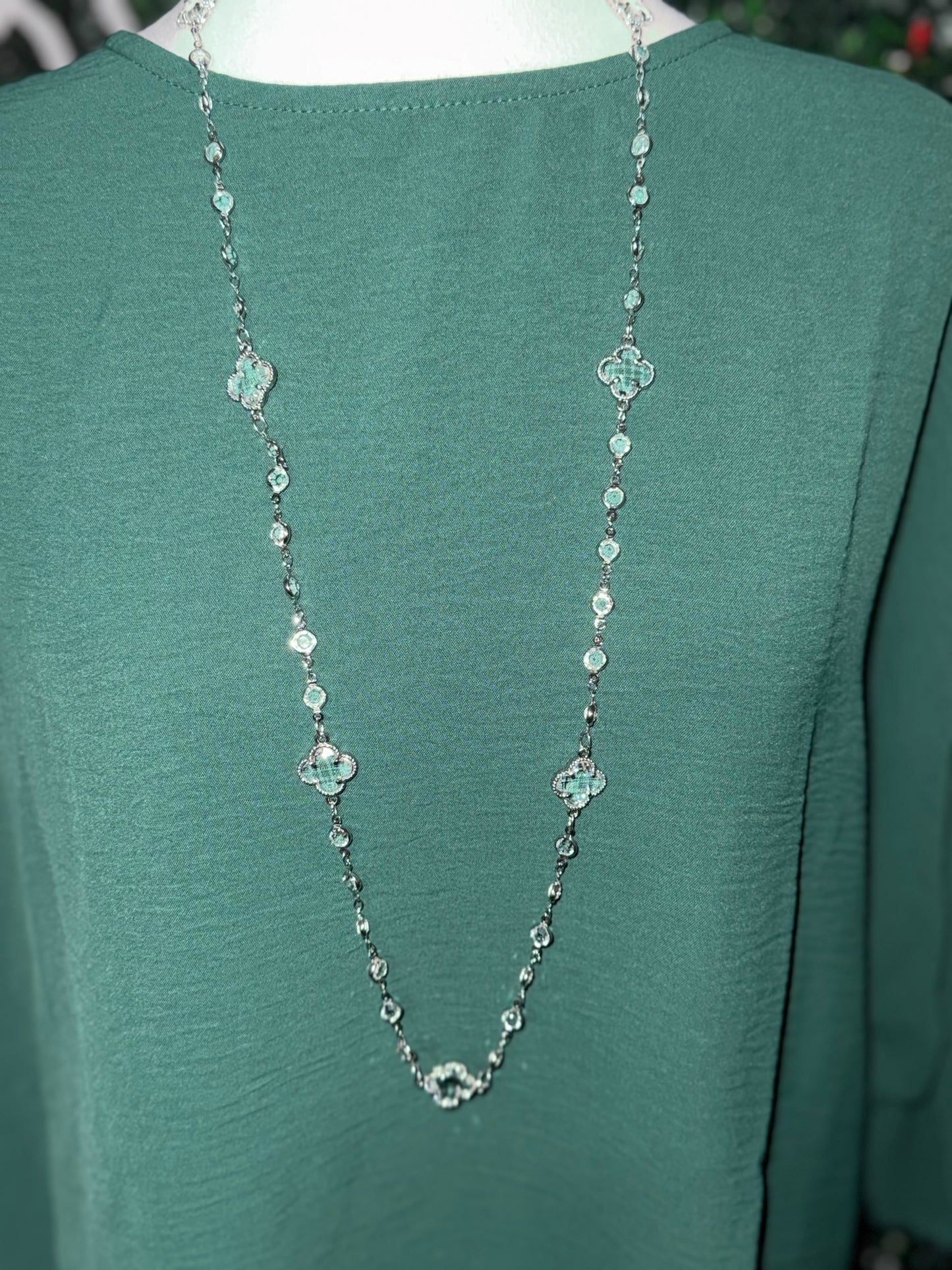 Clear Silver Clover Stone Statement Necklace