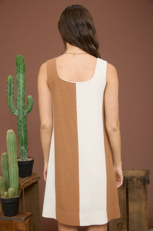 Wide Stripe Sleeveless Linen Mini Dress
