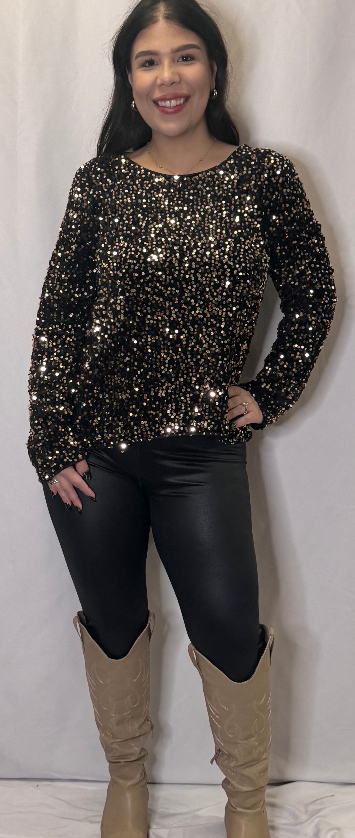 Sequin long sleeve open back top