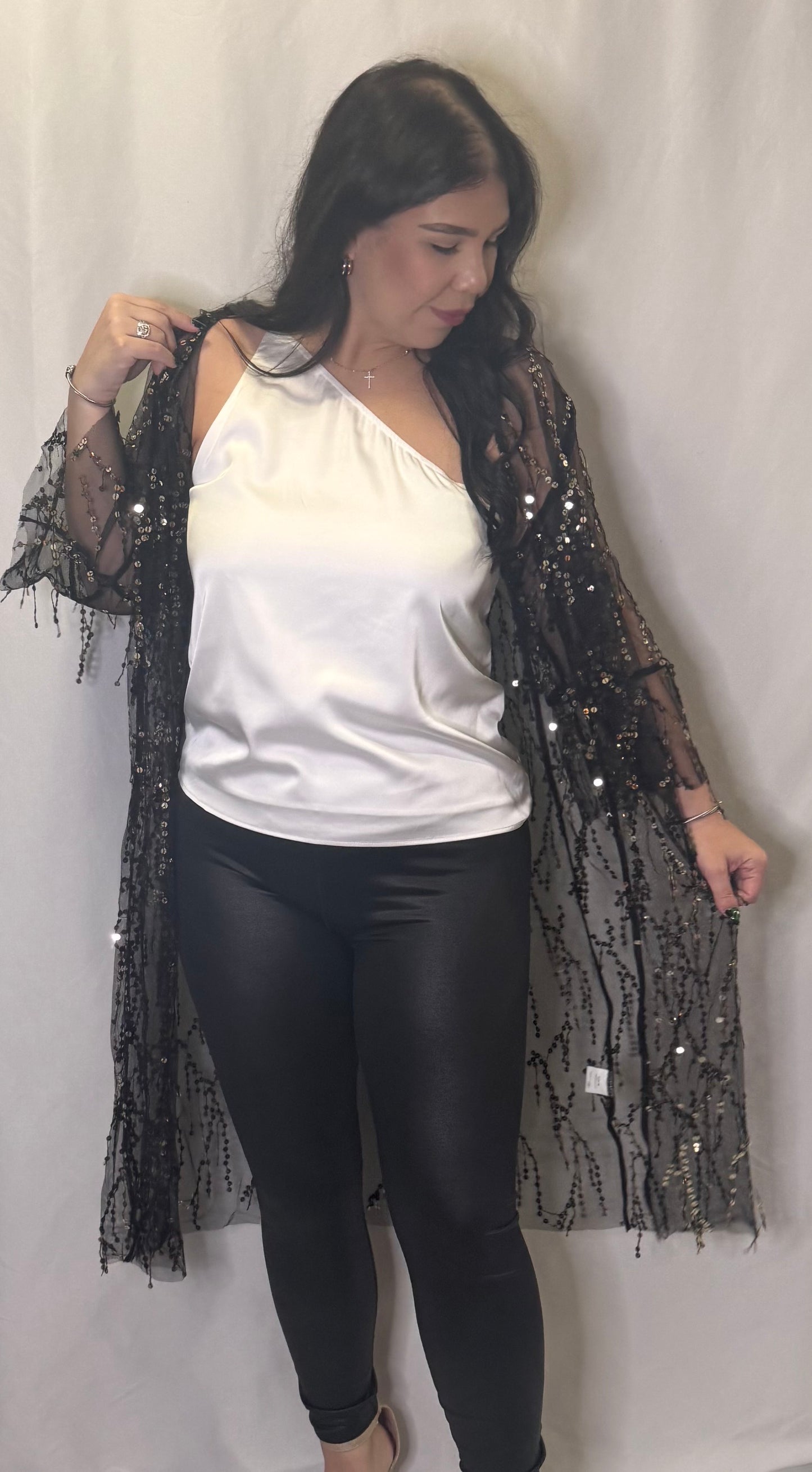 Black sequin sheer duster