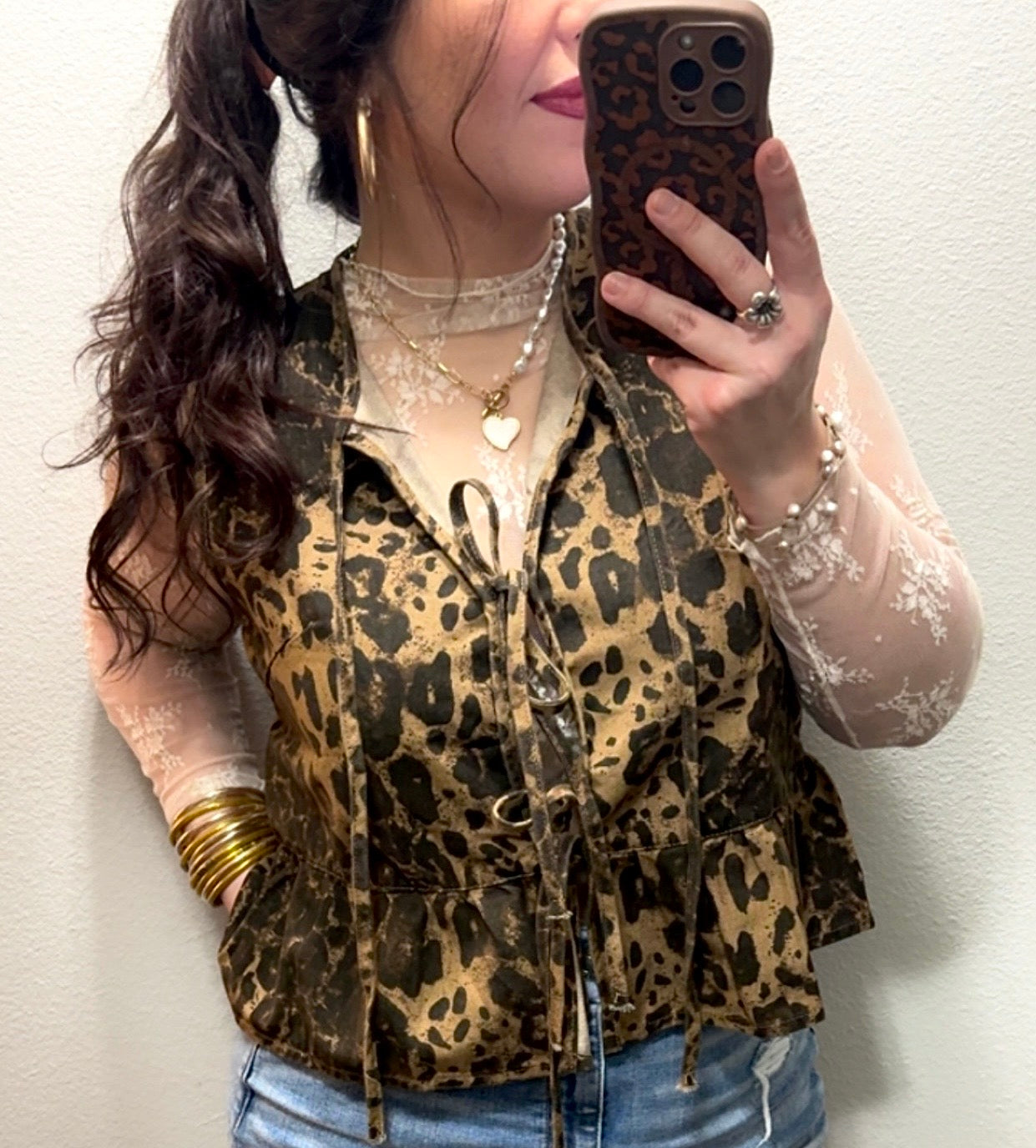 Ellas Leopard Denim Bow-tie Top With Peplum Hem