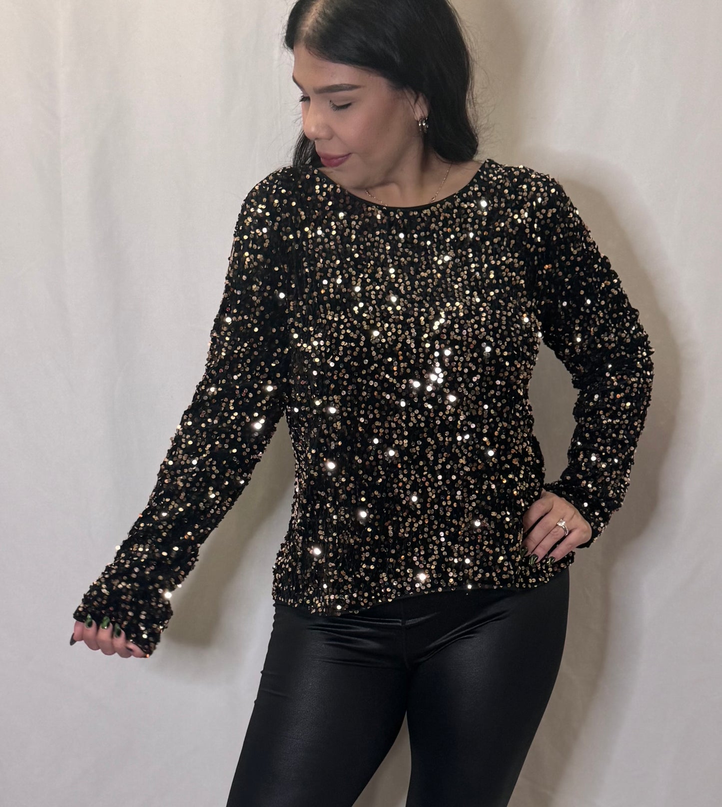 Sequin long sleeve open back top