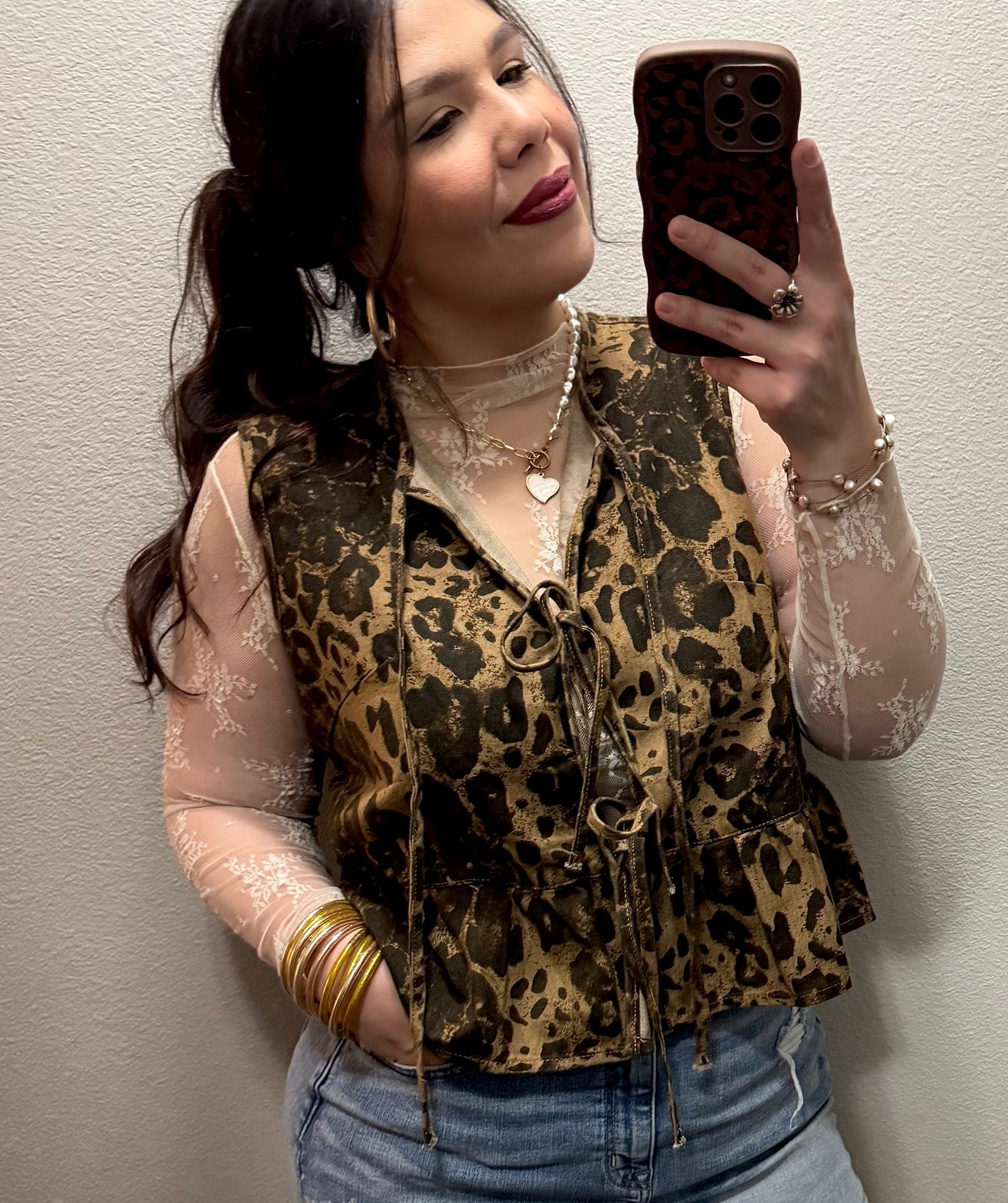 Ellas Leopard Denim Bow-tie Top With Peplum Hem