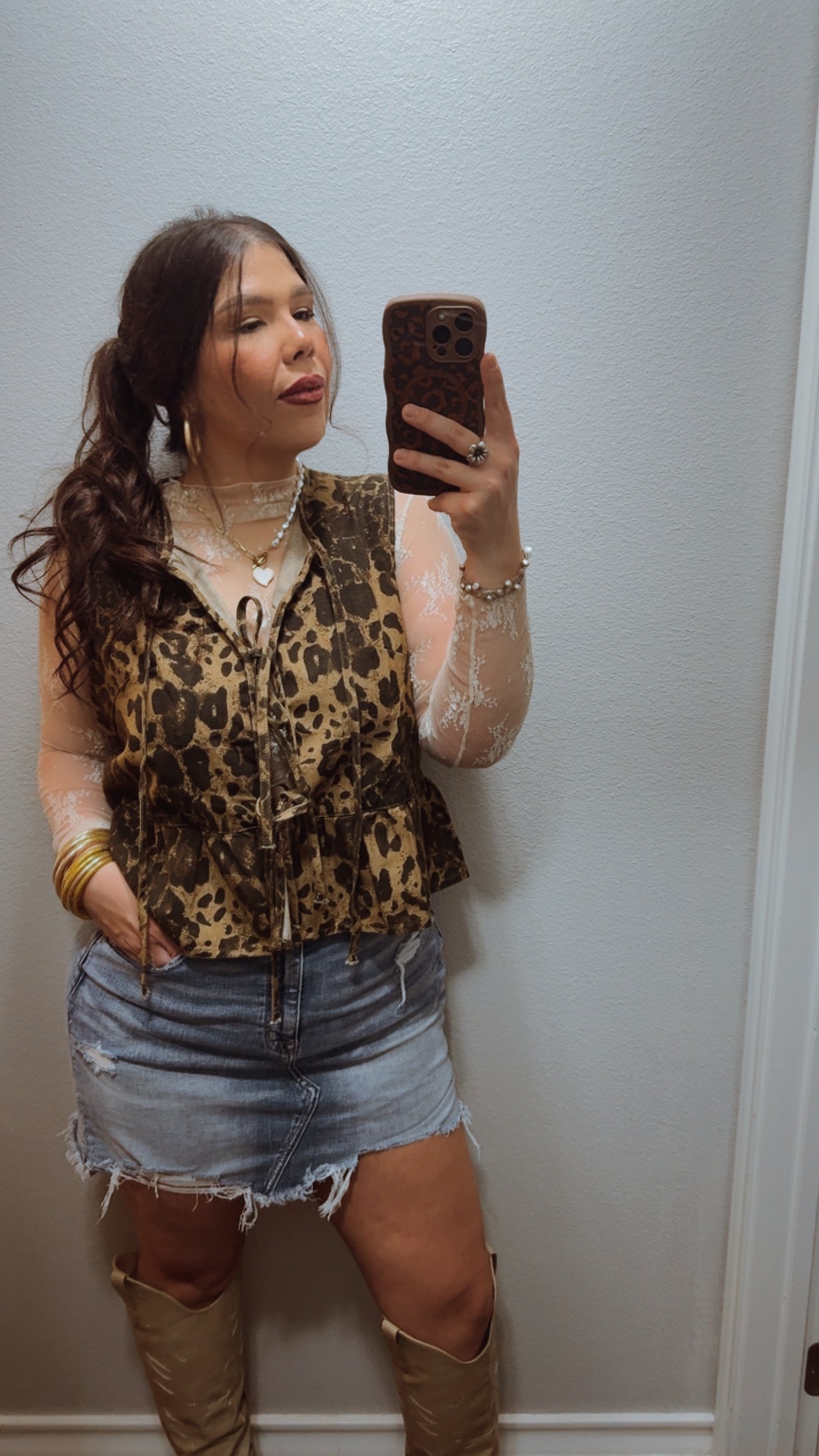 Ellas Leopard Denim Bow-tie Top With Peplum Hem