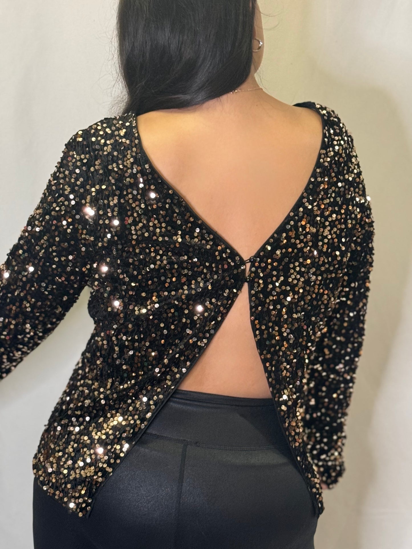 Sequin long sleeve open back top