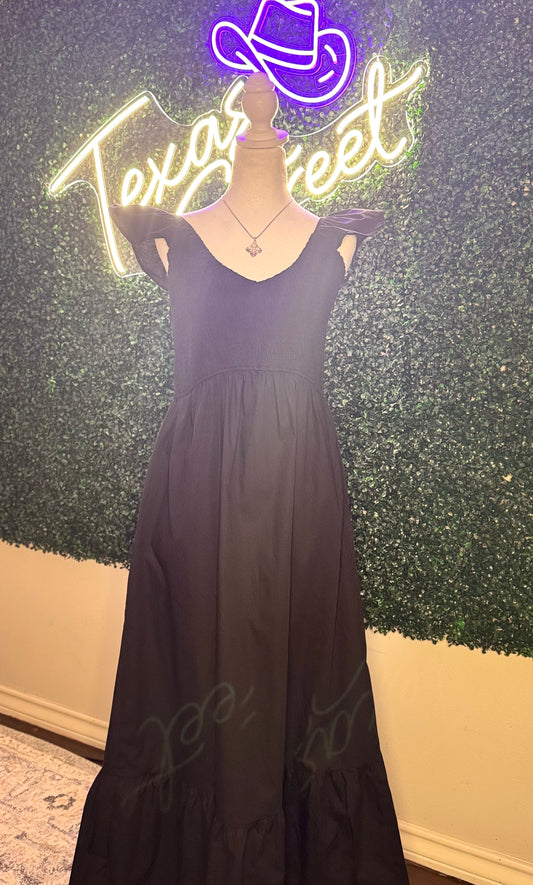 Smocked Ruffle Black Maxi Dress