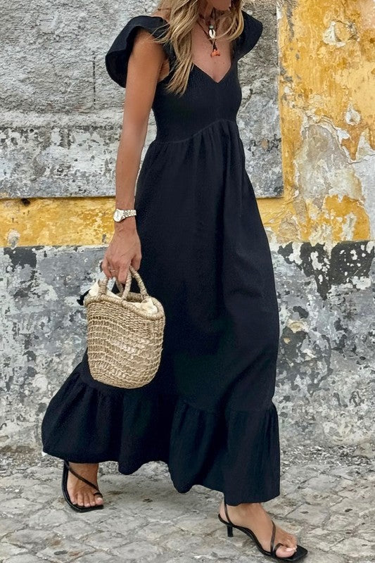 Smocked Ruffle Black Maxi Dress