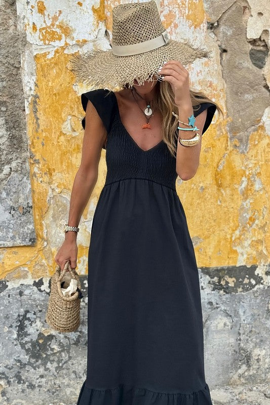 Smocked Ruffle Black Maxi Dress