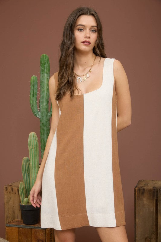 Wide Stripe Sleeveless Linen Mini Dress
